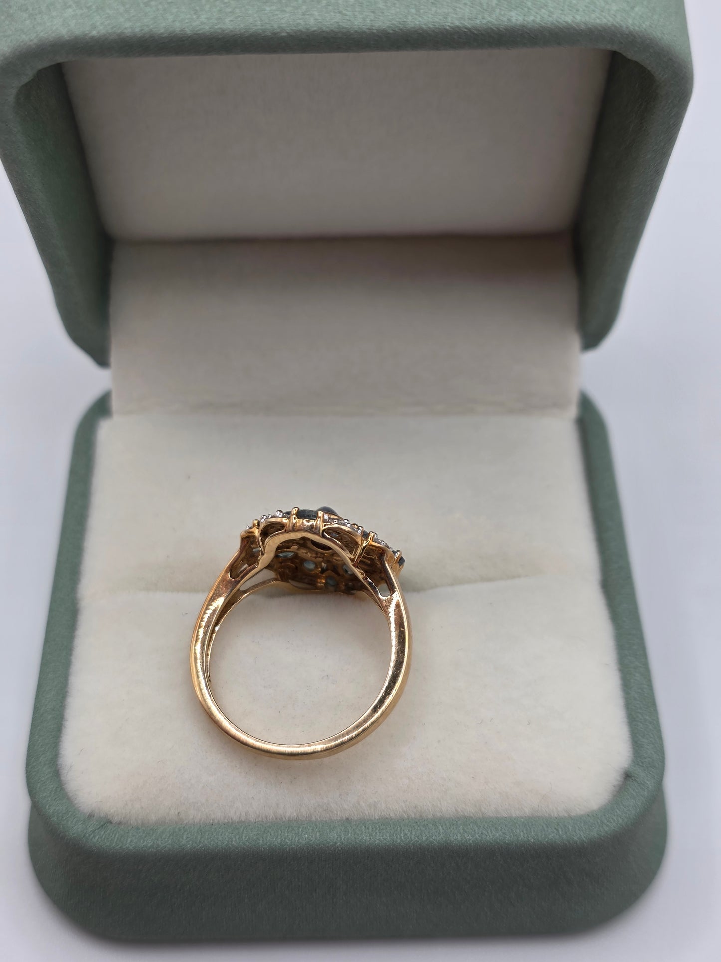 9ct gold cats eye, alexandrite and zircon ring