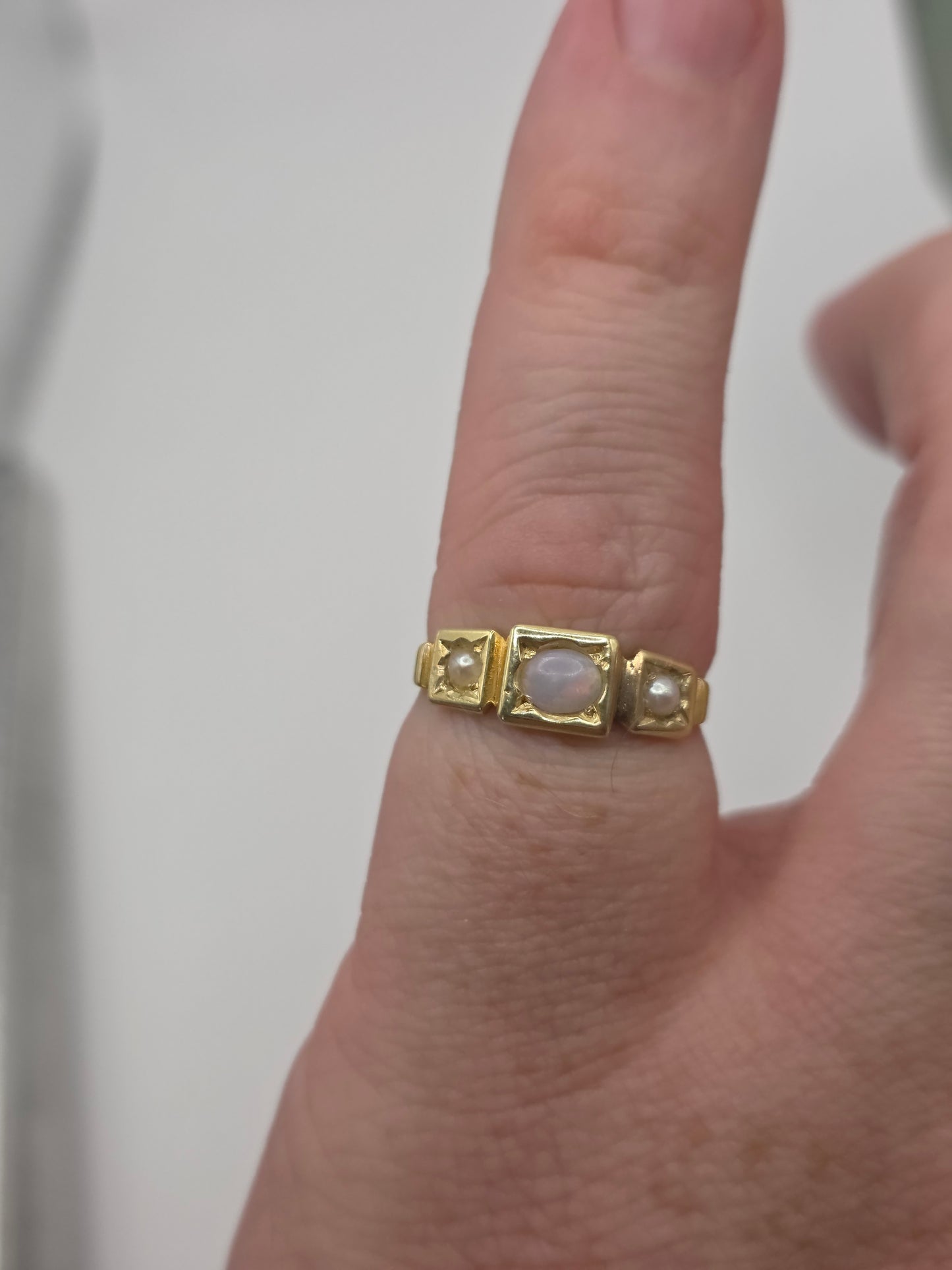 Antique 15ct gold opal and seed pearl gypsy ring