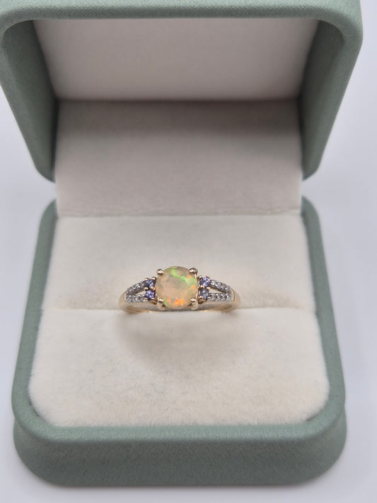 9ct gold opal, colour change garnet and diamond ring