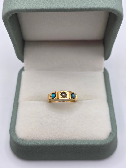 Antique 18ct gold turquoise and pearl gypsy ring