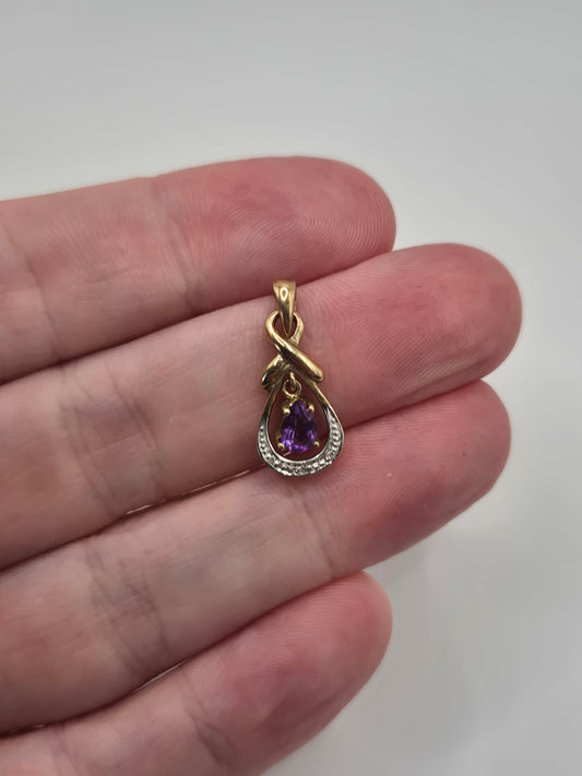 9ct gold amethyst and diamond pendant