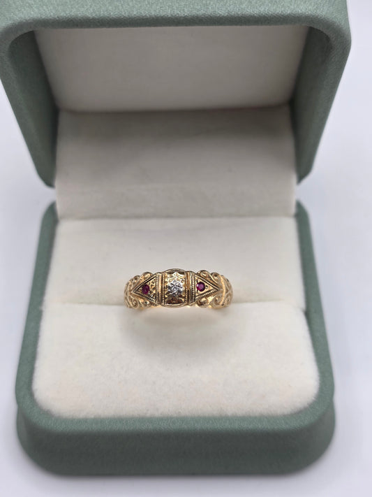 9ct gold engraved ruby and diamond gypsy ring