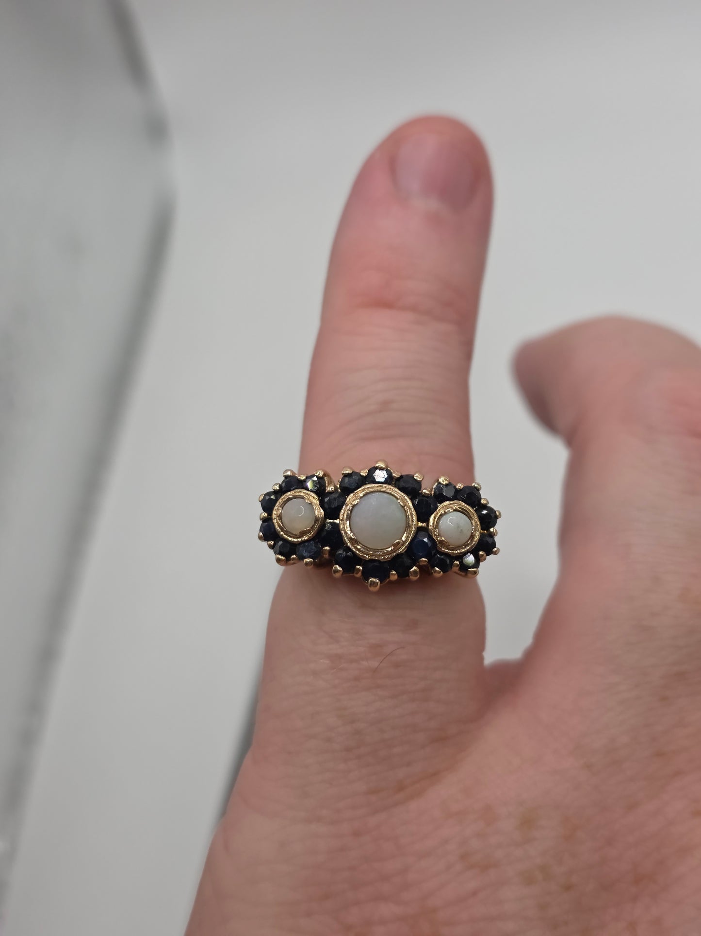 Heavy 9ct gold opal and sapphire ring