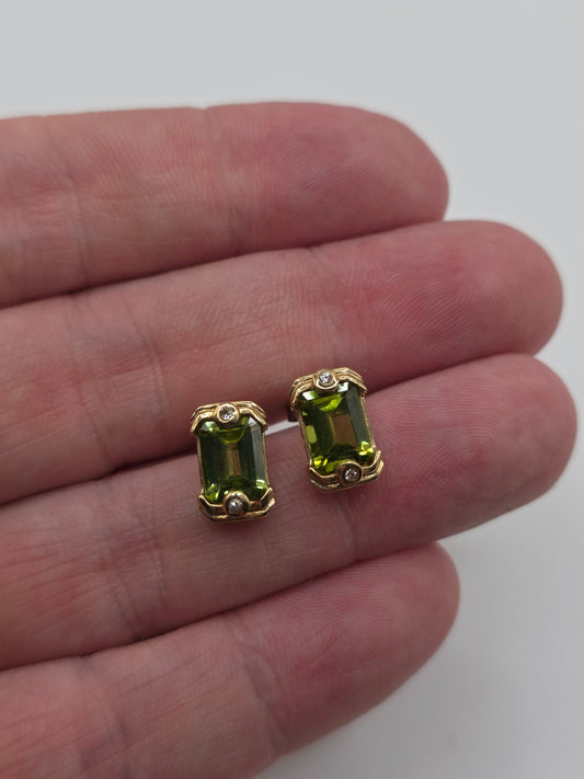 Heavy 9ct gold peridot and diamond earrings