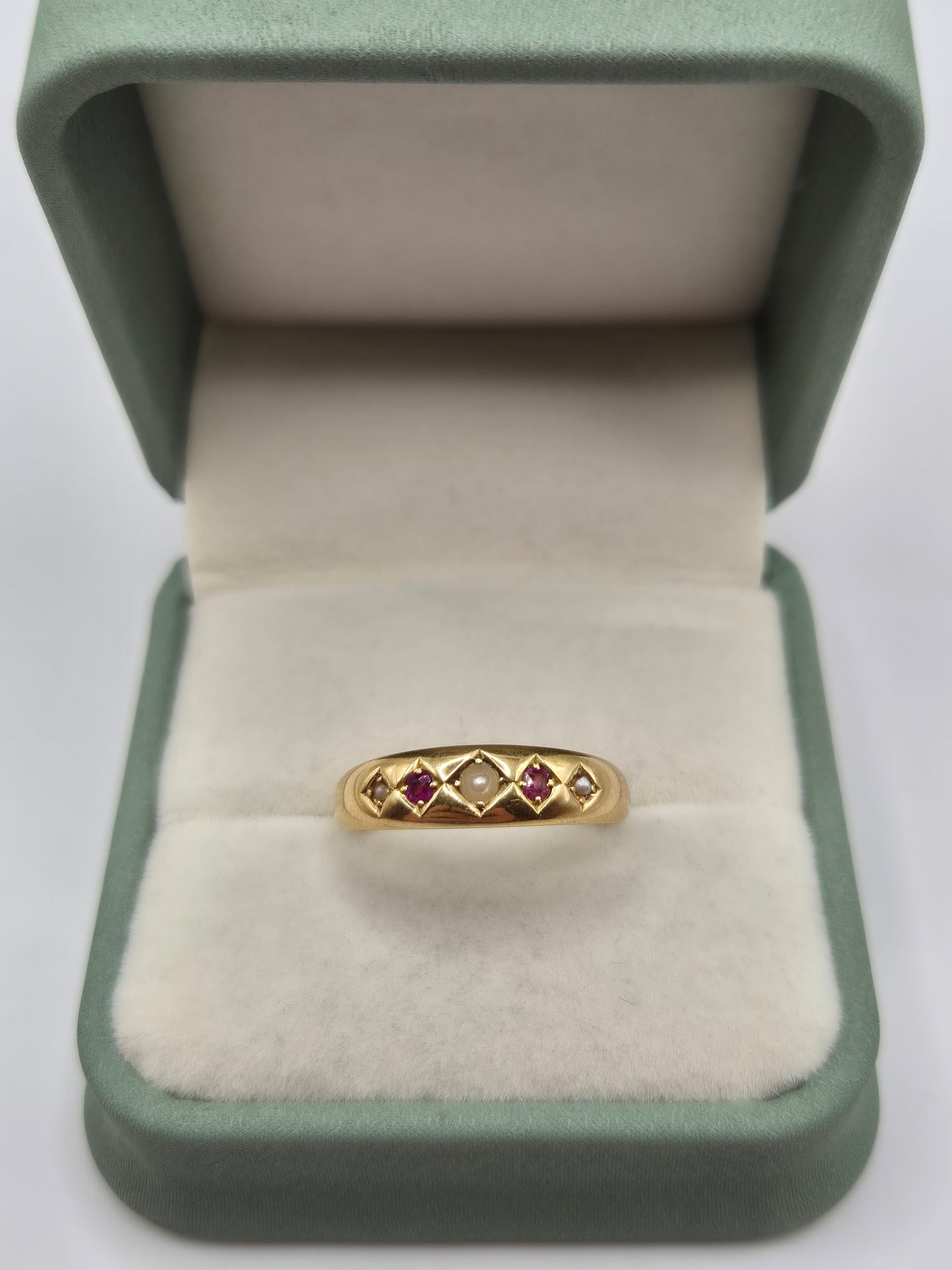 Antique 18ct gold seed pearl and ruby ring