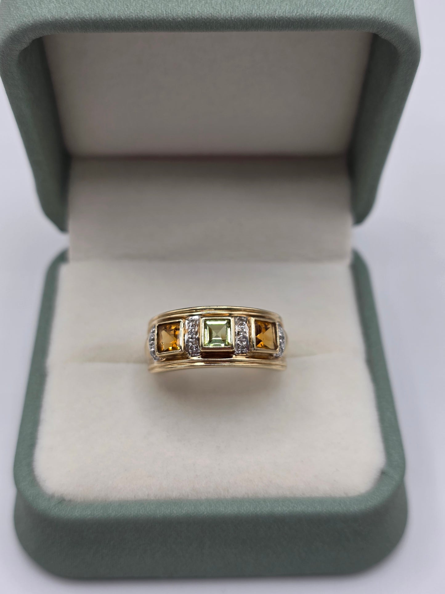 9ct gold peridot, citrine and diamond ring