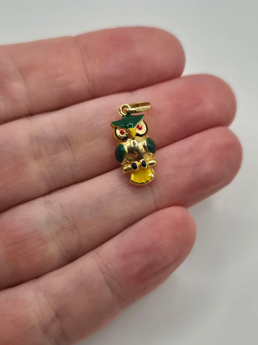 9ct gold enamelled owl charm