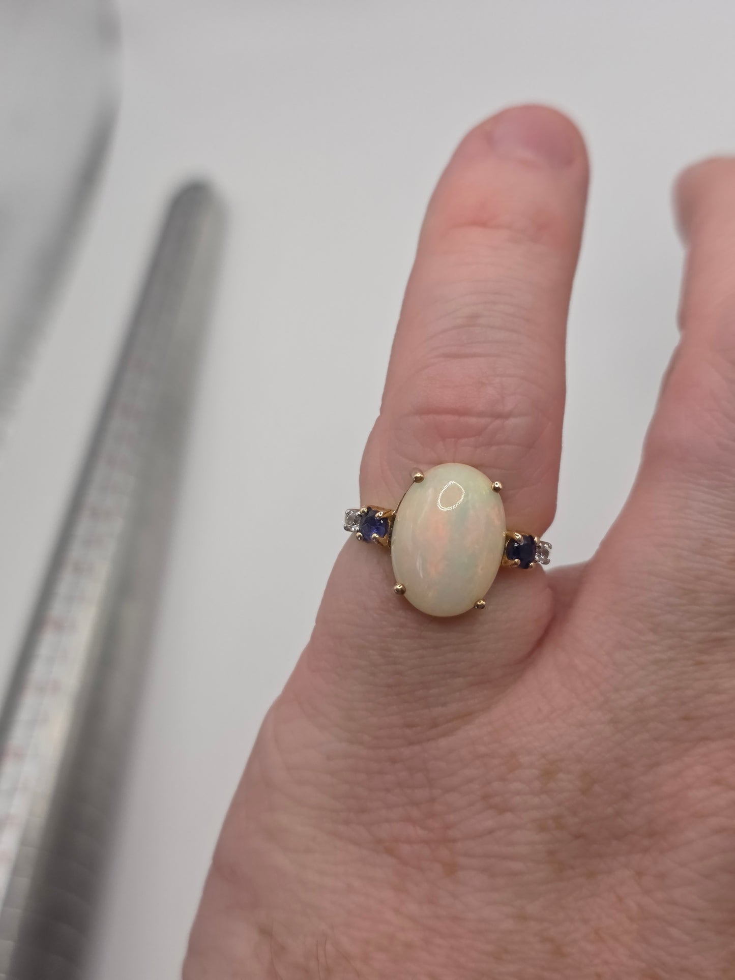 9ct gold opal, sapphire and white spinel ring