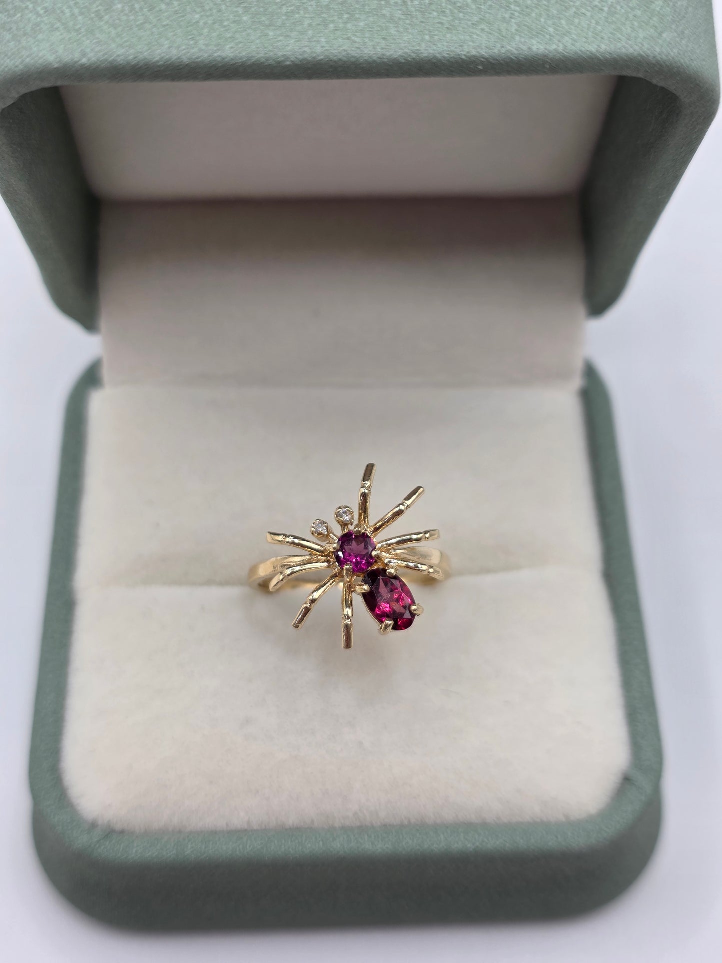 9ct gold garnet, tourmaline and diamond spider ring