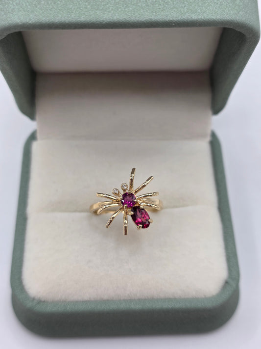 9ct gold garnet, tourmaline and diamond spider ring