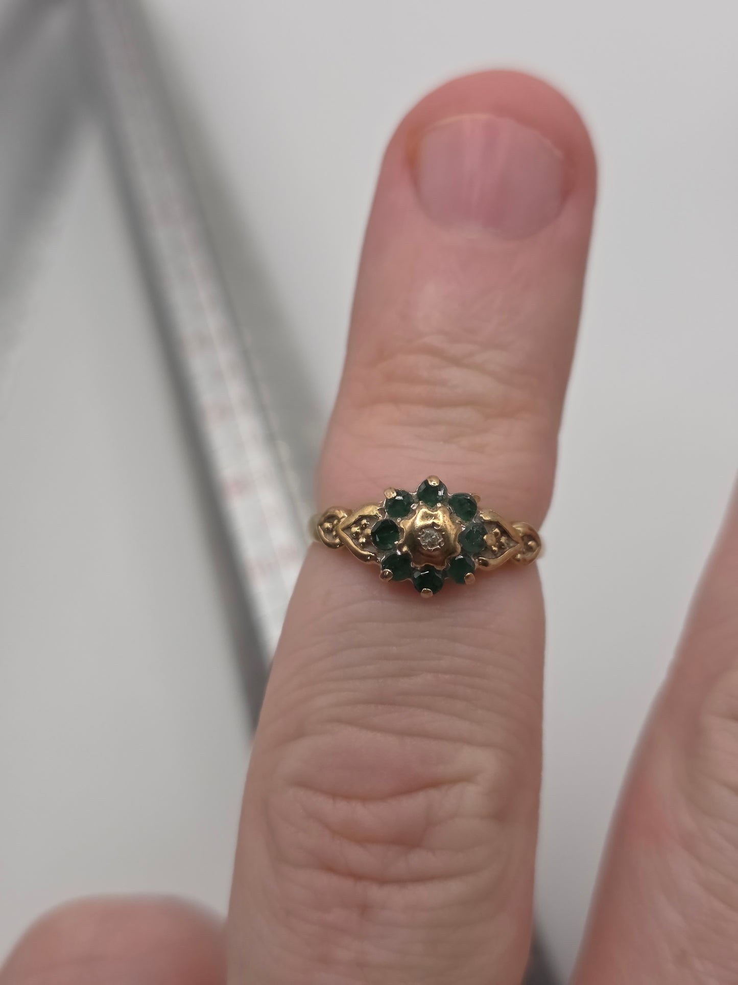 9ct gold emerald and diamond ring