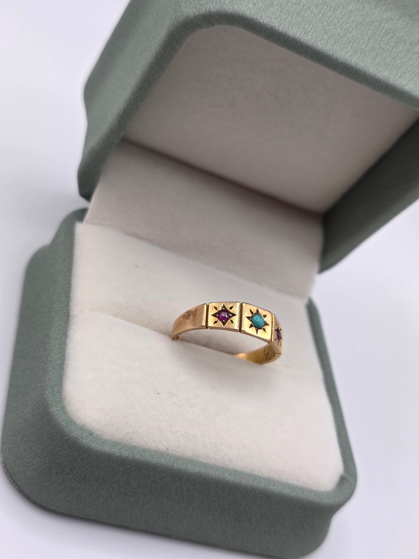 Antique 15ct gold ruby and turquoise gypsy ring