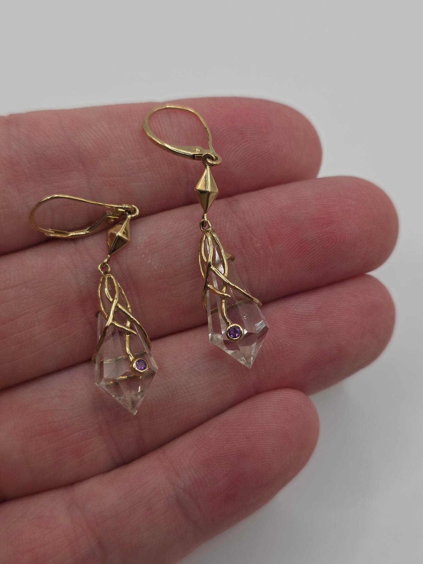 9ct gold rock crystal and amethyst earrings