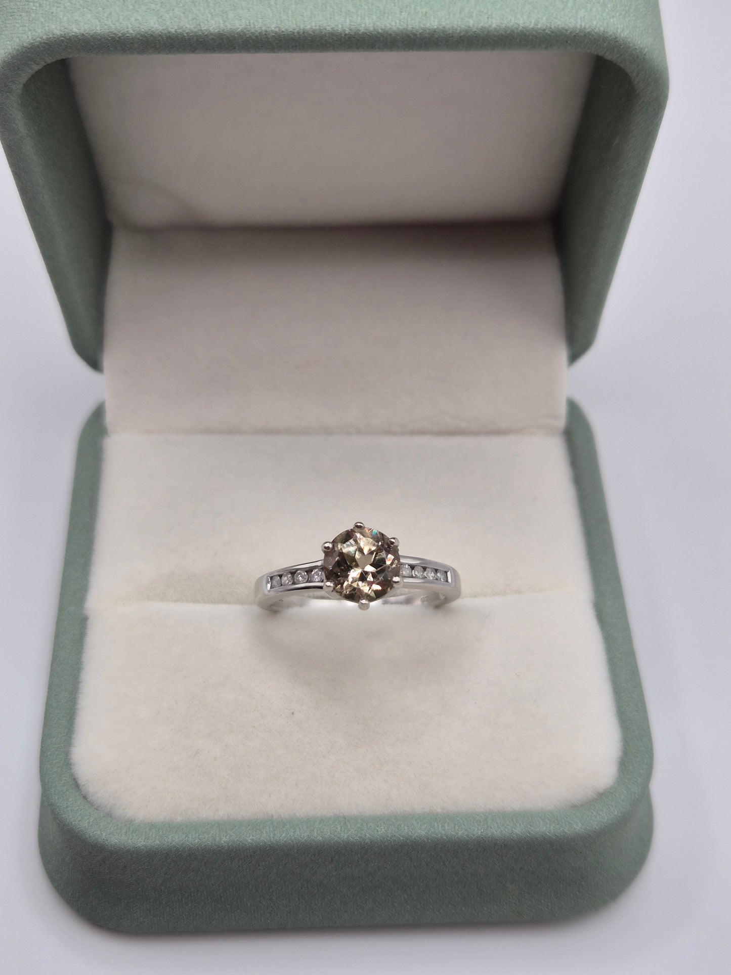 9ct white gold csarite and diamond ring