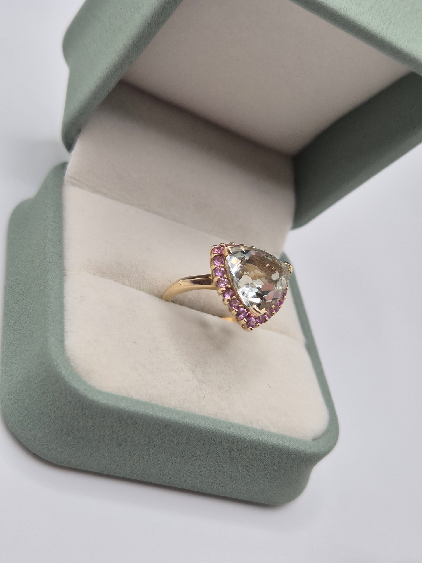Heavy 9ct gold prasiolite and pink sapphire ring