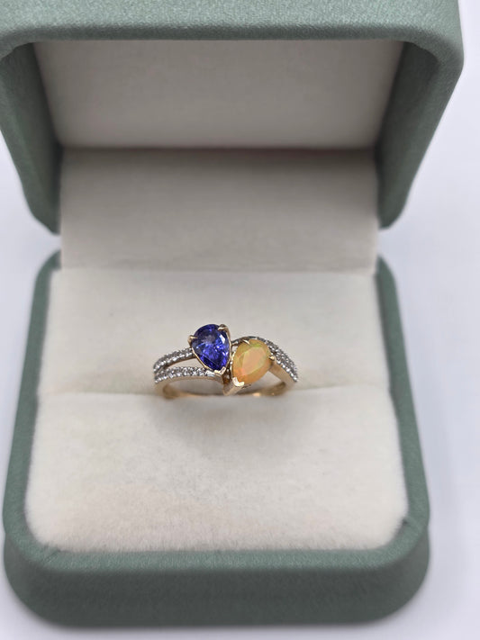 9ct gold opal, iolite and white zircon ring