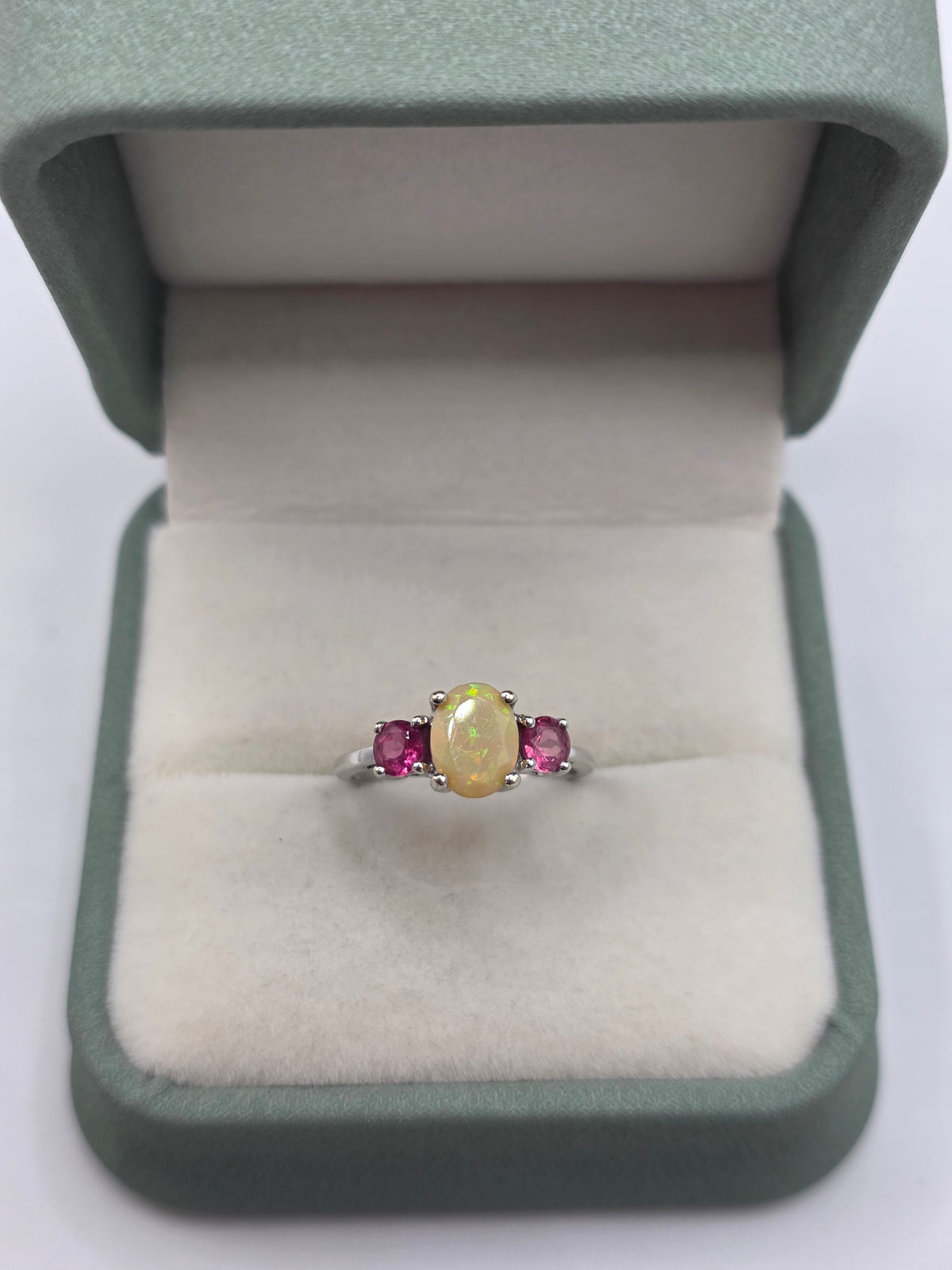 9ct white gold opal and pink topaz ring