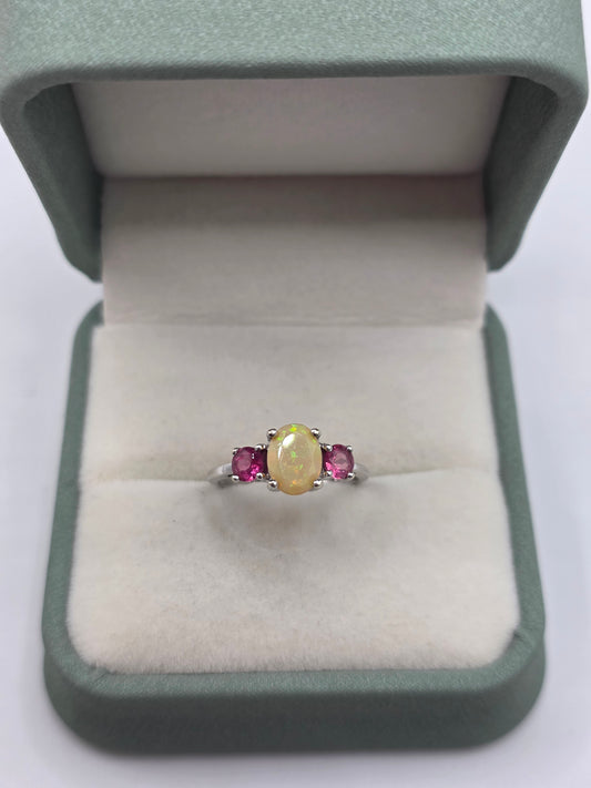 9ct white gold opal and pink topaz ring
