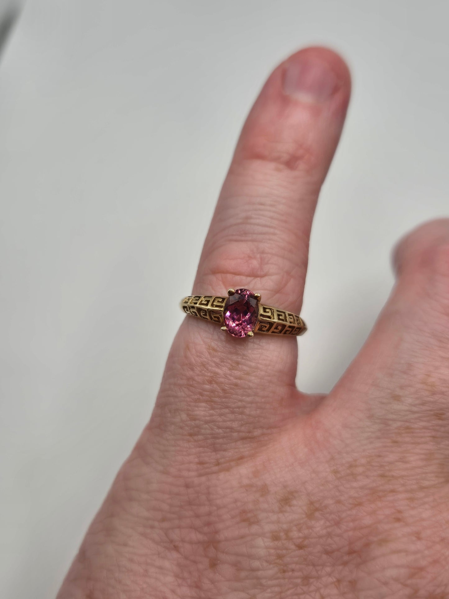 9ct gold greek key pink sapphire ring