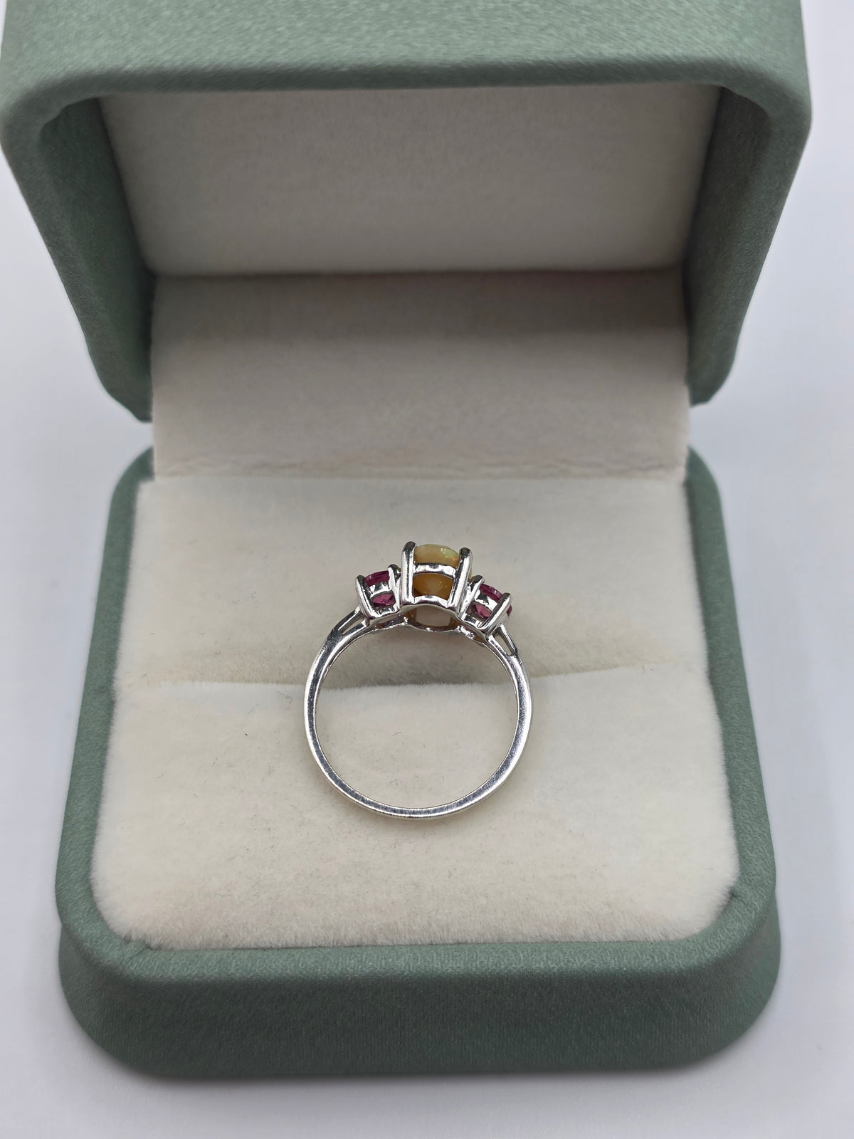 9ct white gold opal and pink topaz ring
