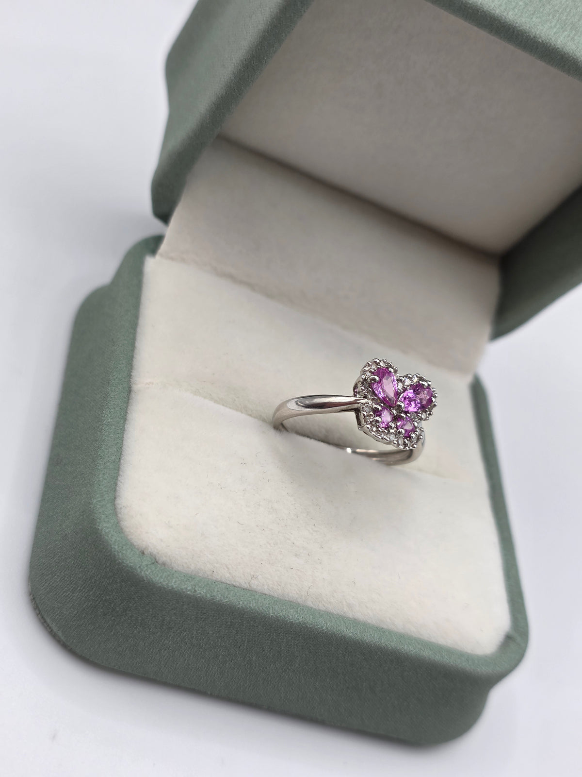 9ct white gold pink sapphire and diamond butterfly ring