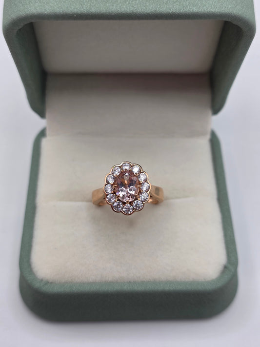 Heavy 9ct rose gold morganite and cz ring