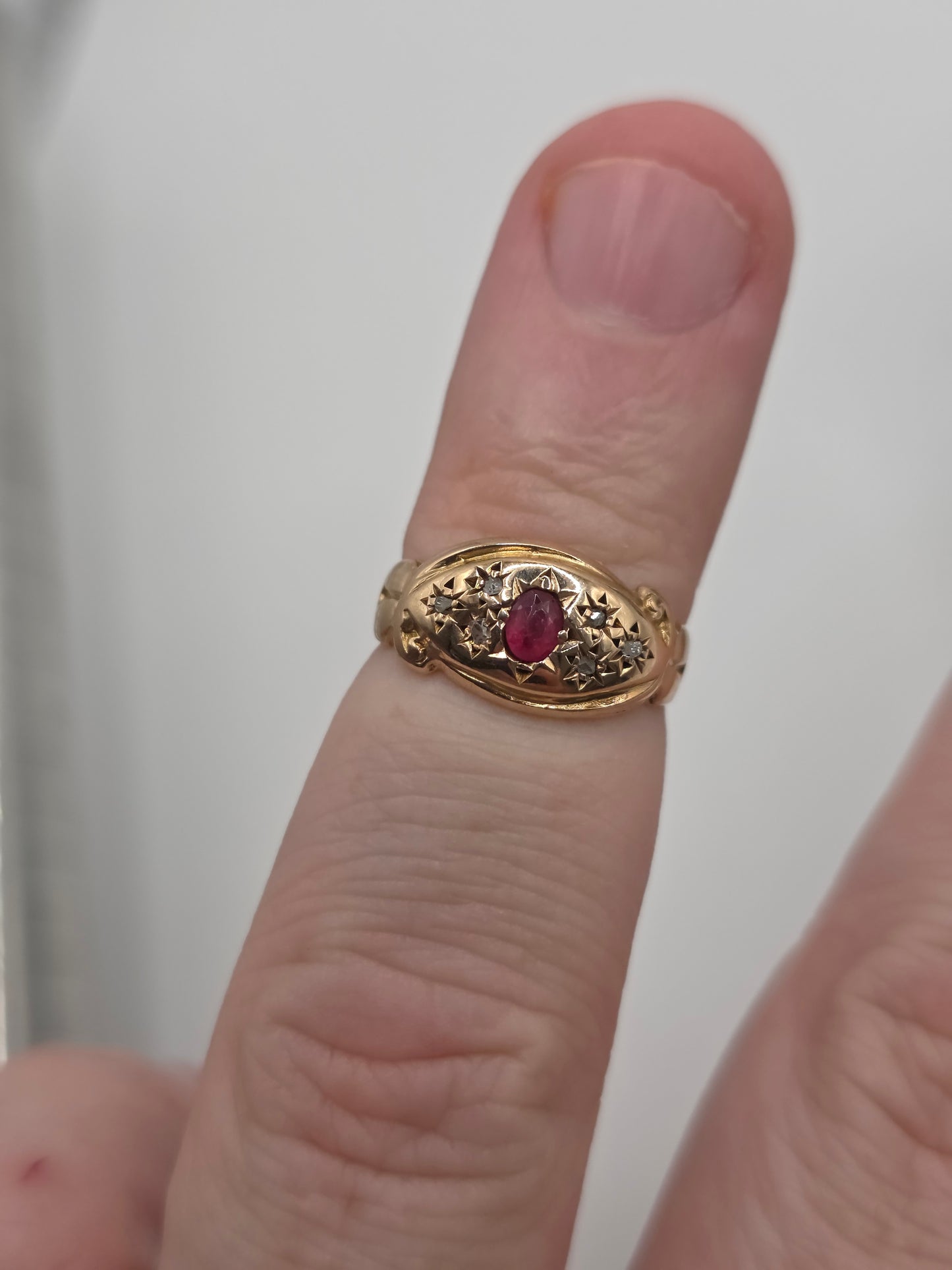 9ct gold ruby and diamond gypsy ring