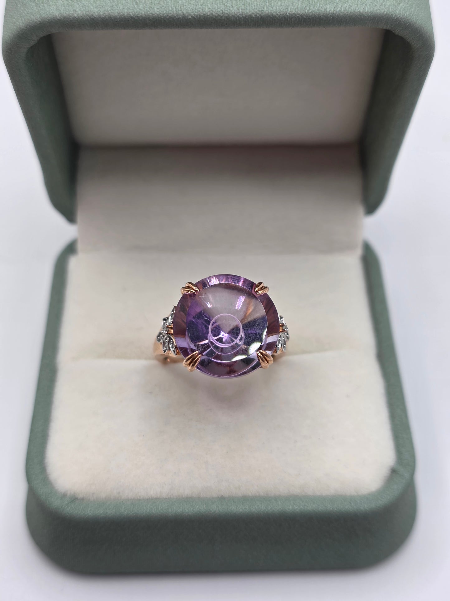 Heavy Glen Lehrer 9ct rose gold amethyst and diamond ring