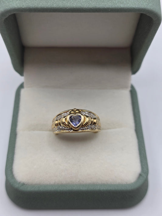 9ct gold tanzanite and diamond claddagh ring