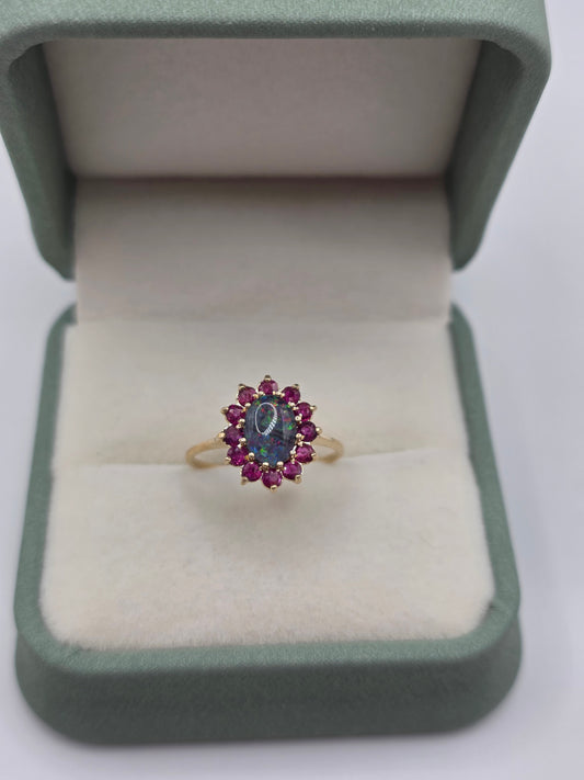 9ct gold opal triplet and ruby ring