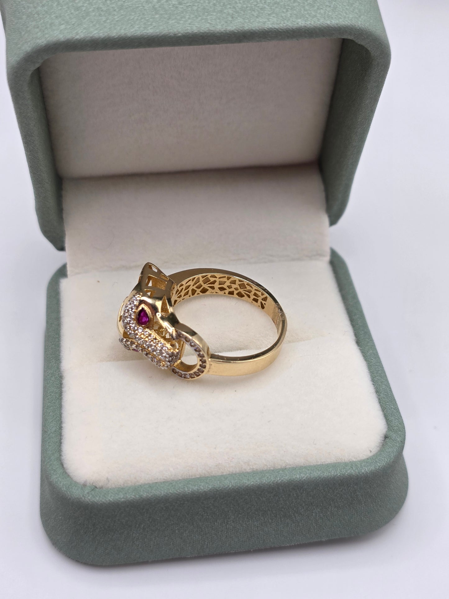 14ct gold ruby and cz panther ring