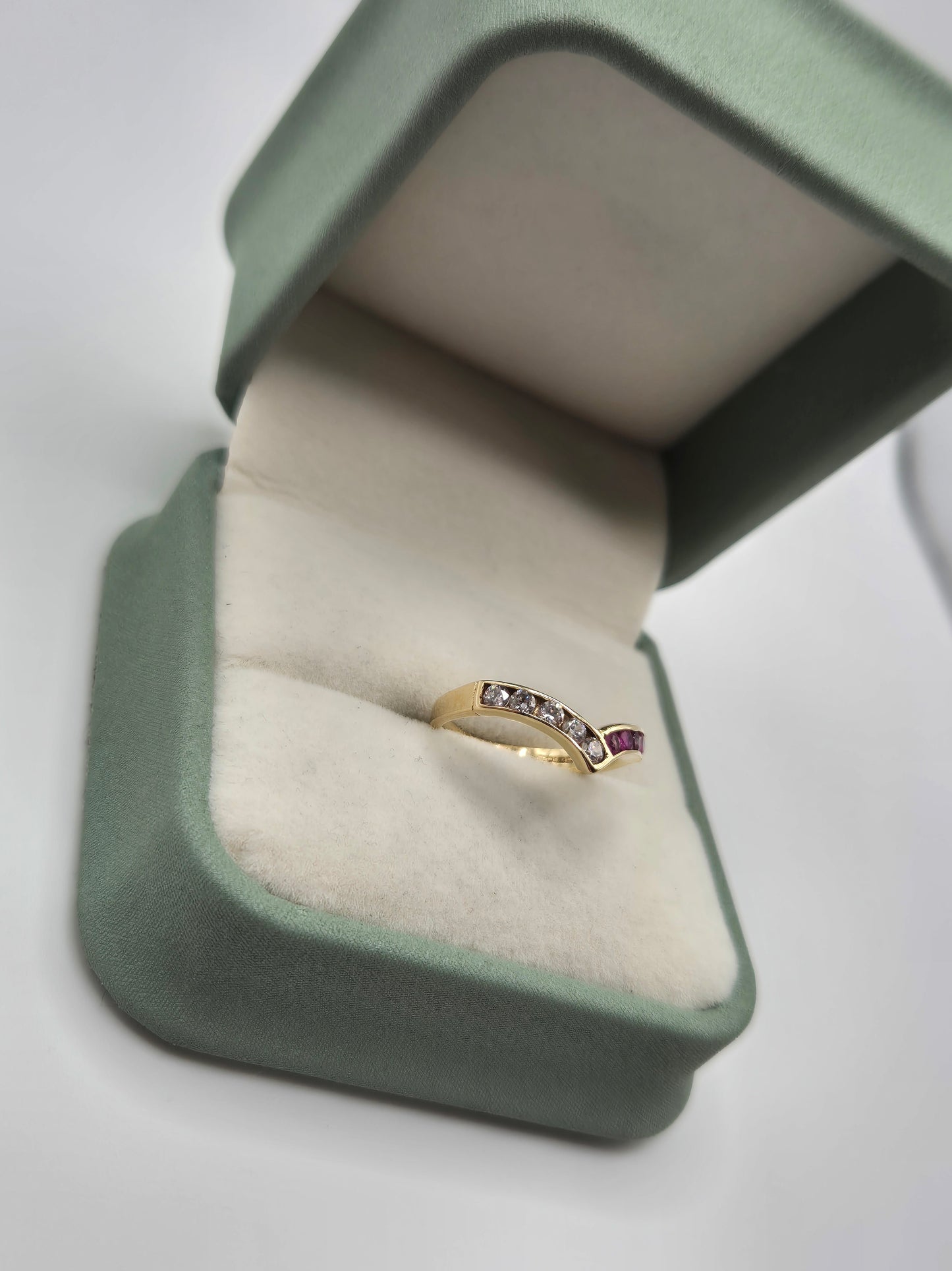 9ct gold ruby and cz wishbone ring