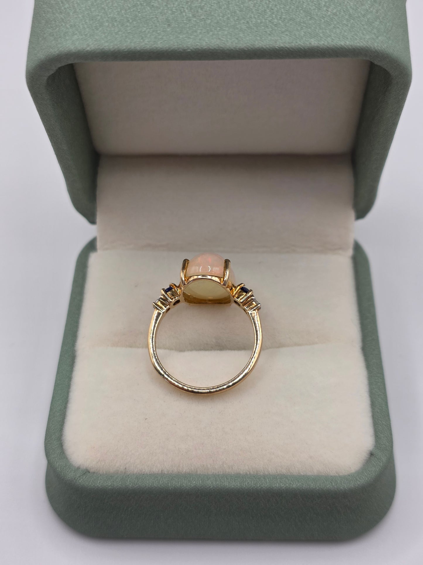 9ct gold opal, sapphire and white spinel ring