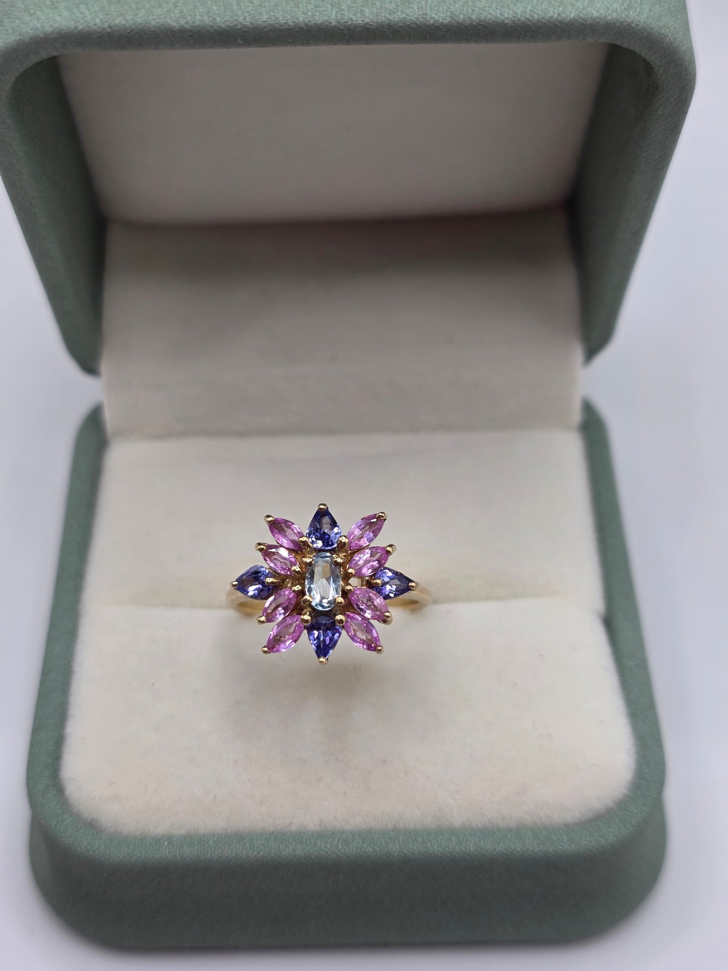 9ct gold aquamarine and sapphire cluster ring