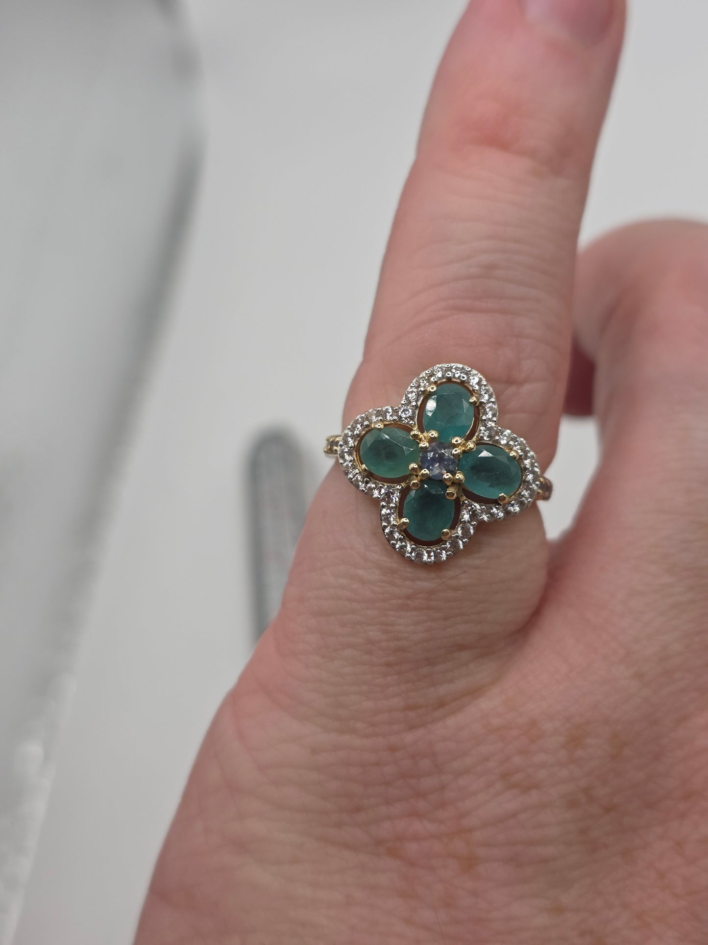 9ct gold topaz, emerald and zircon ring
