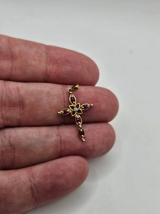 9ct gold ruby and diamond cross pendant