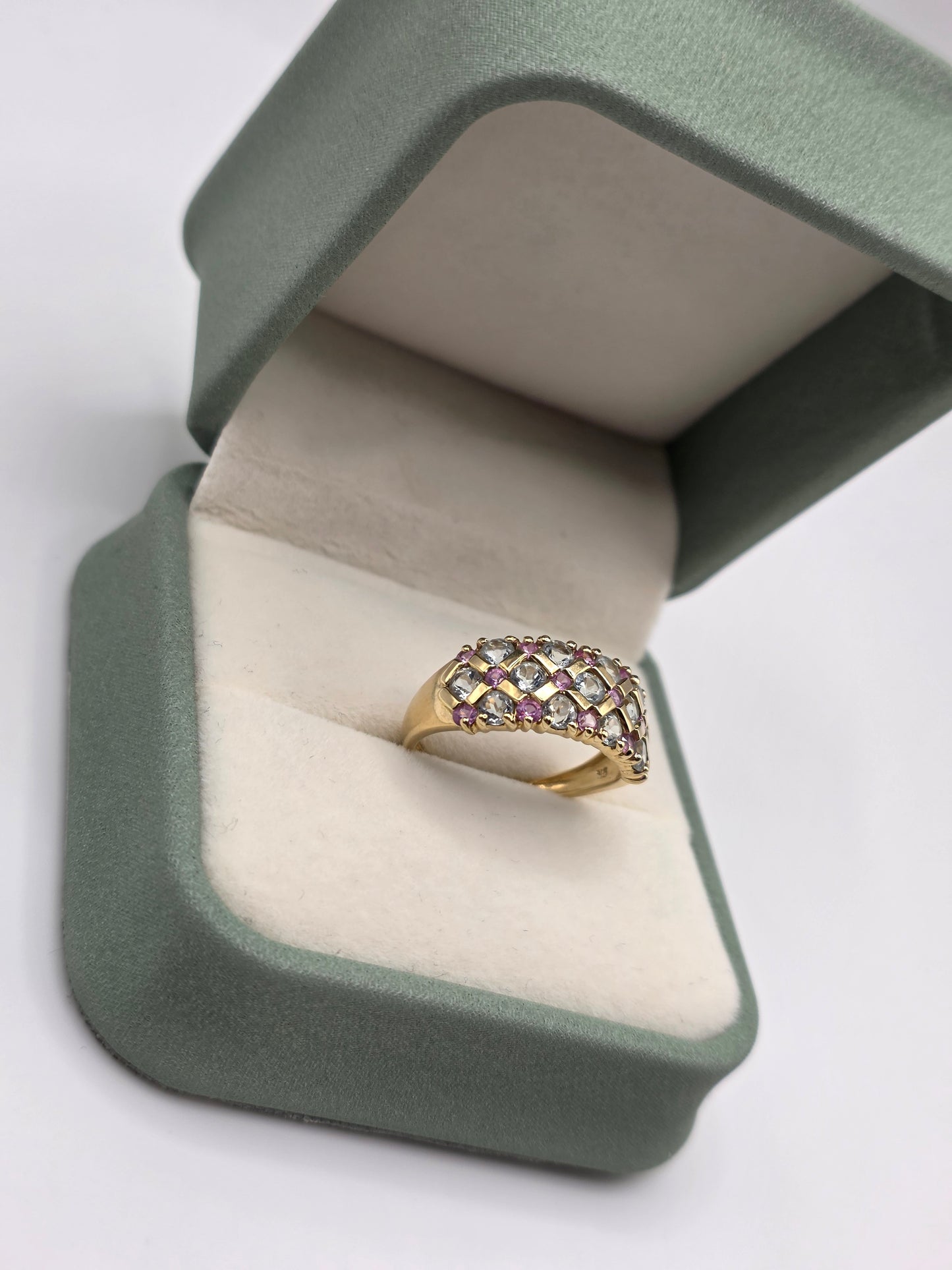 9ct gold aquamarine and pink topaz ring