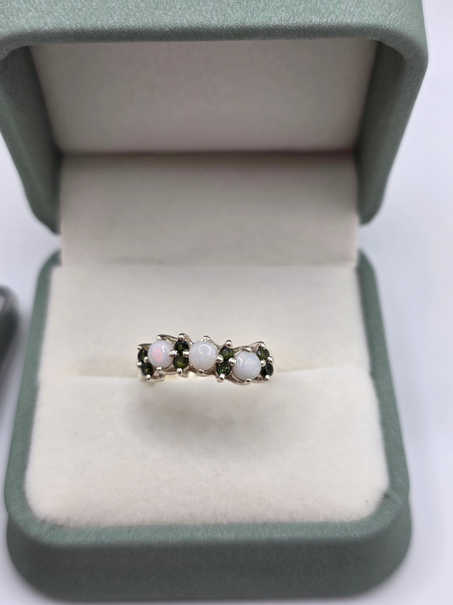 9ct white gold opal and tourmaline ring