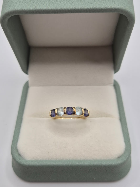 9ct gold iolite and aquamarine ring
