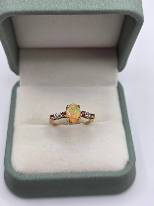 9ct gold opal, ruby and diamond ring