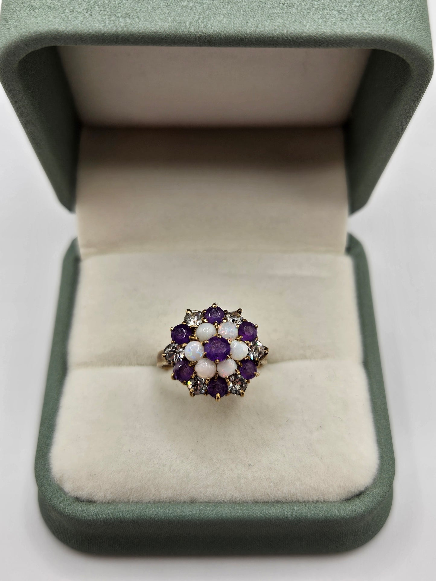 9ct gold amethyst, opal and zircon ring