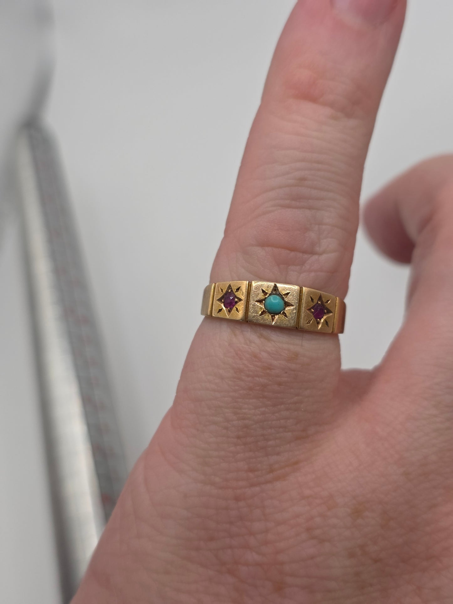 Antique 15ct gold ruby and turquoise gypsy ring