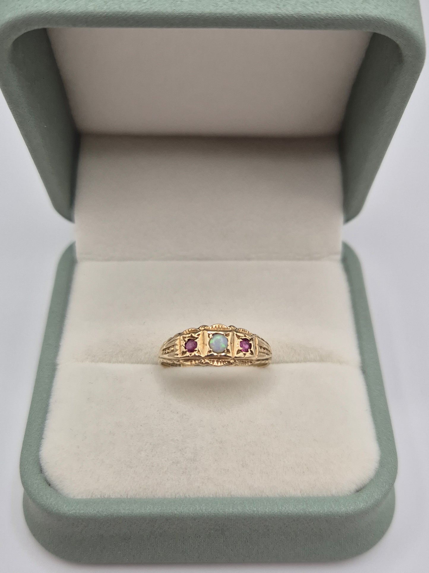 9ct gold opal and ruby gypsy ring