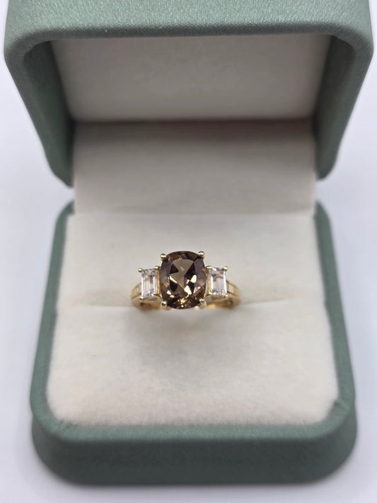 9ct gold smokey quartz and zircon ring