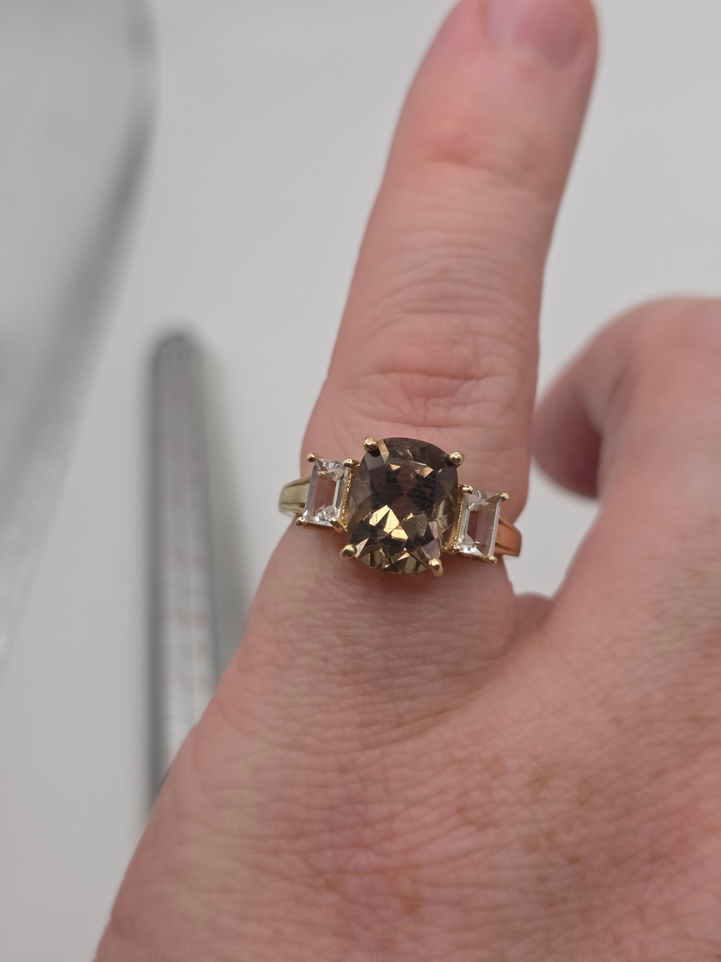 9ct gold smokey quartz and zircon ring