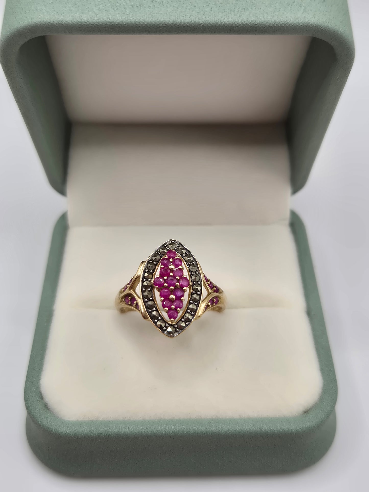 9ct gold ruby and marcasite ring