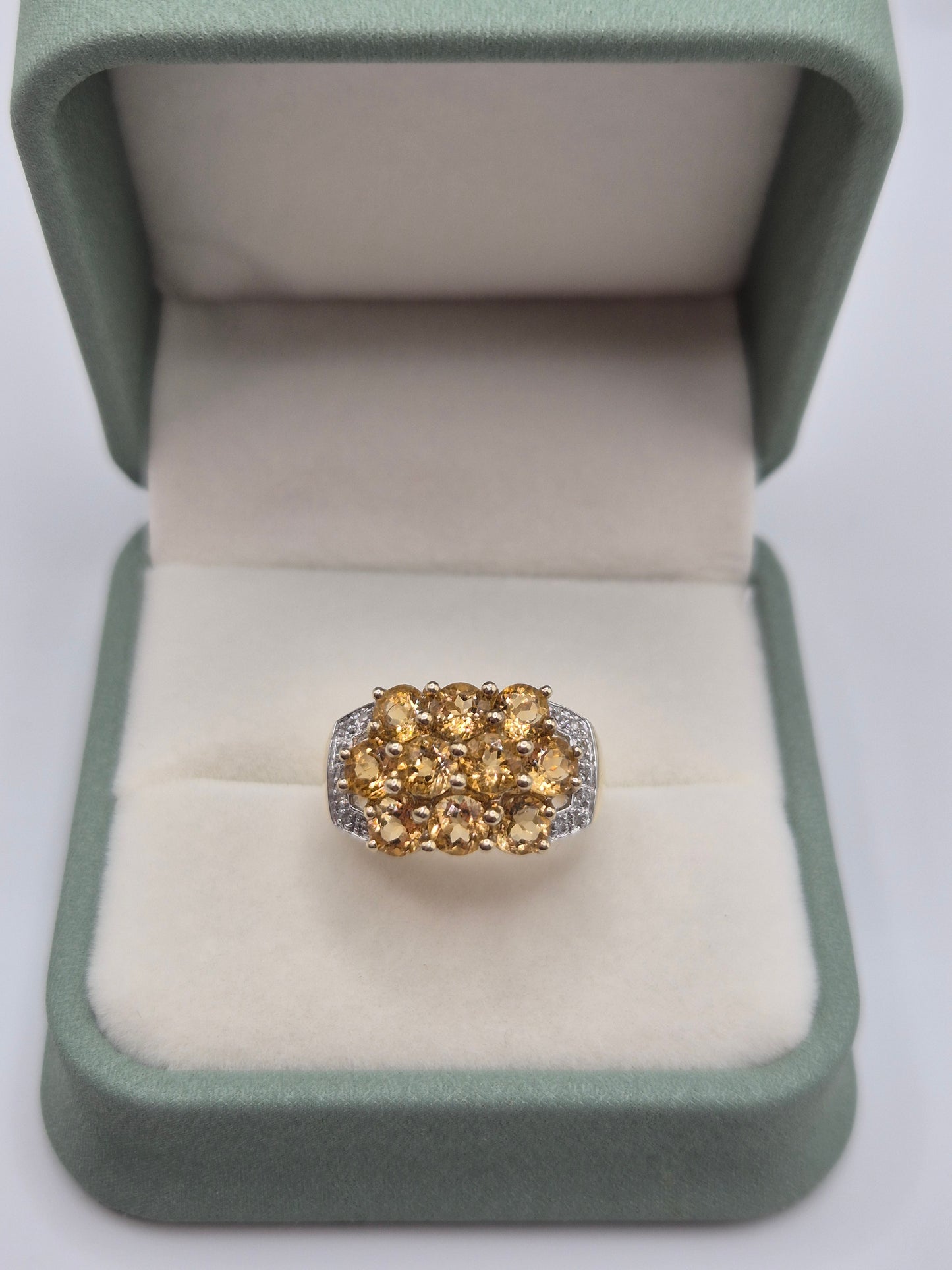Heavy 9ct gold citrine and diamond ring
