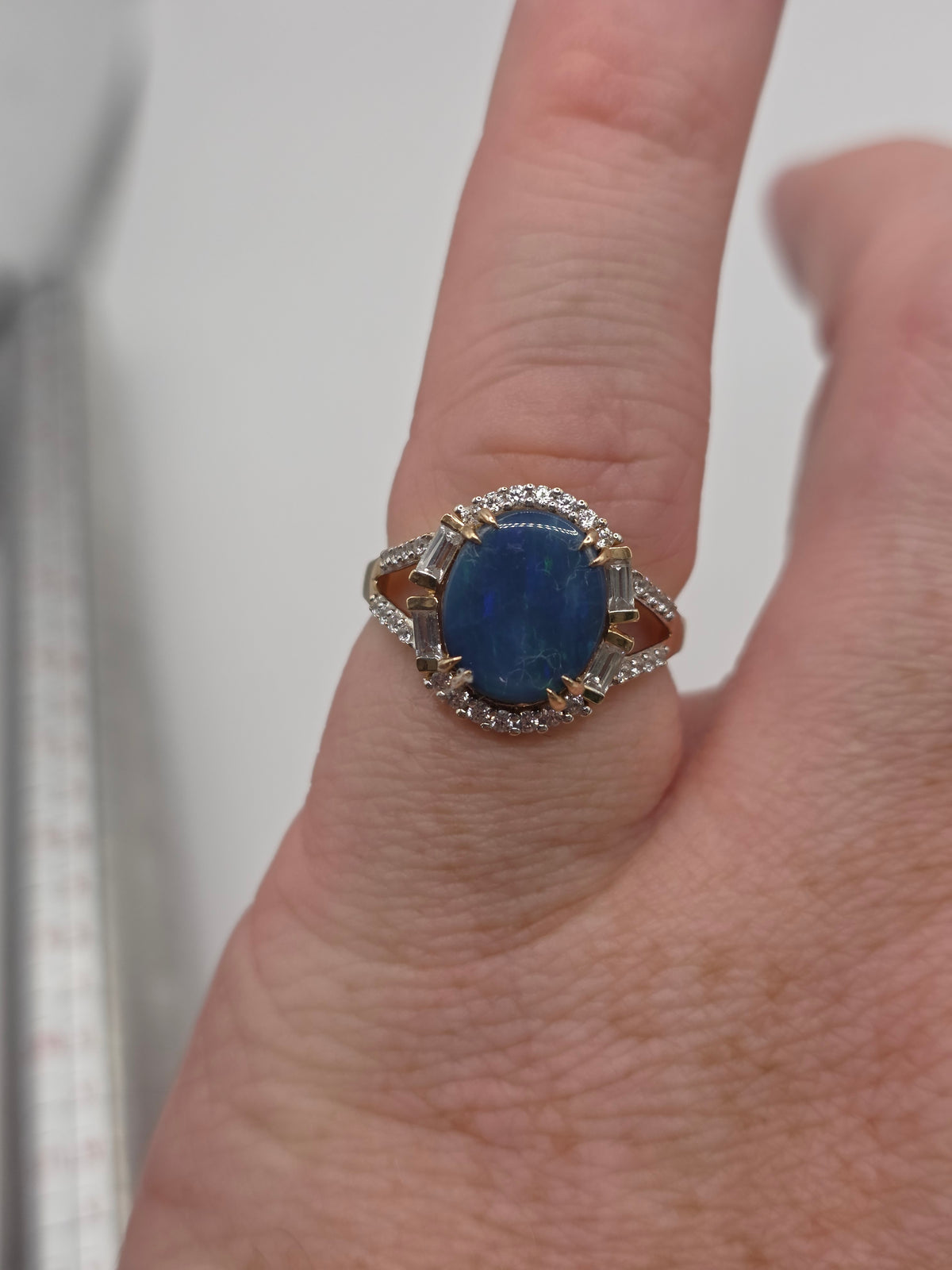 9ct gold opal doublet and zircon ring