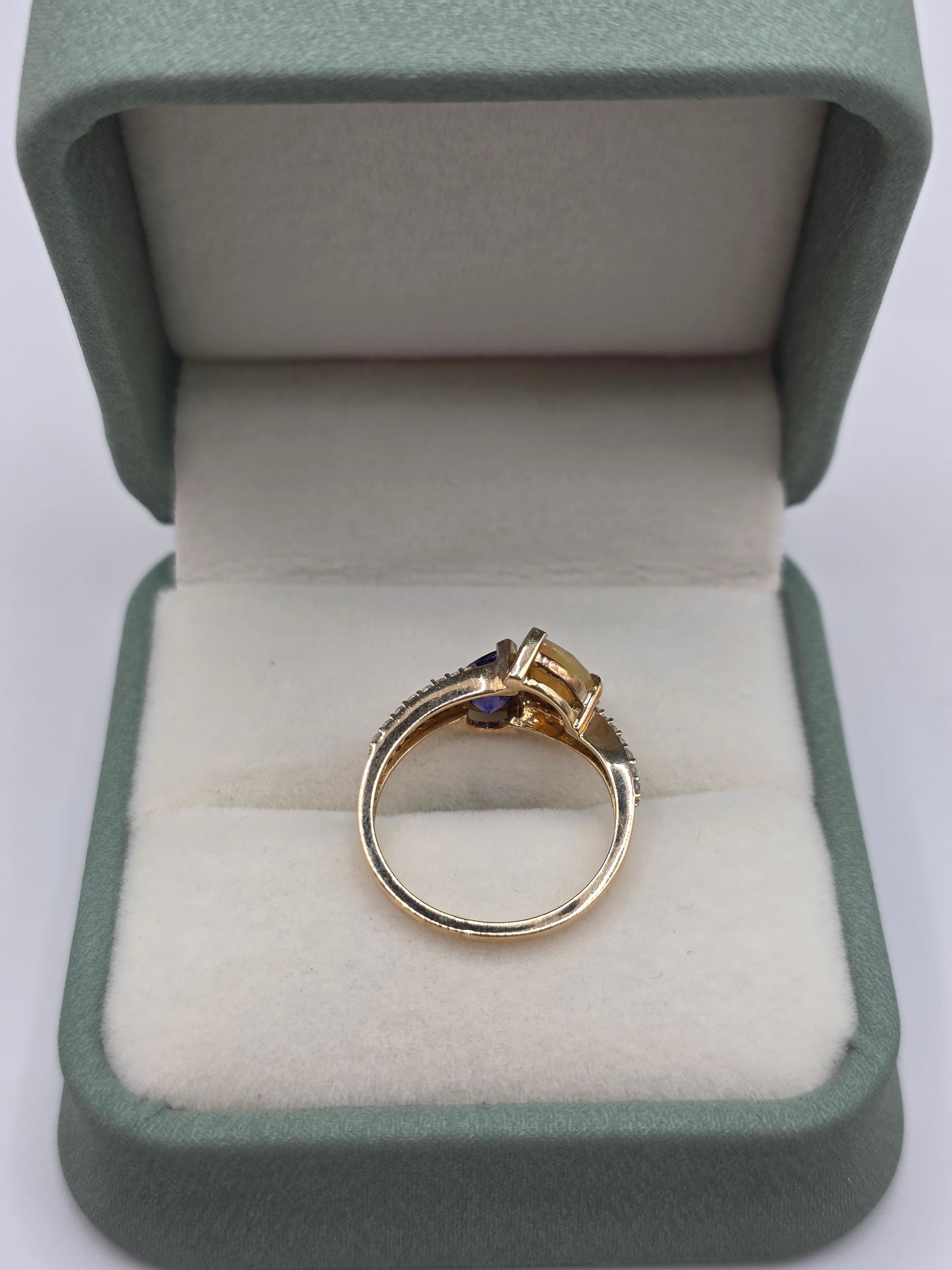 9ct gold opal, iolite and white zircon ring