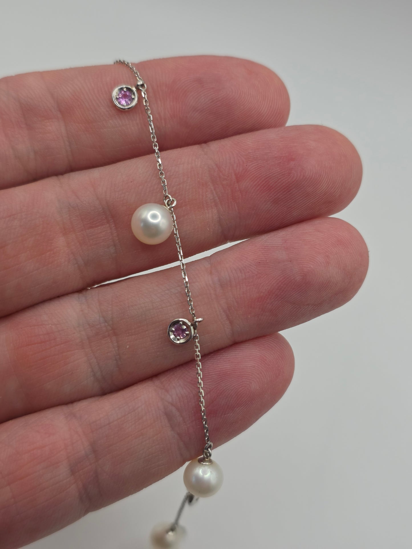 9ct white gold pink sapphire and pearl bracelet